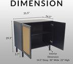 Sango Orre 2-Door Cabinet, Modern Black Storage Cabinet with Synthetic Rattan Door Panels, Adjustable Shelf, Cylindrical Wood Legs, Discreet Finger Pulls, Elegant Furniture for Living or Dining Room