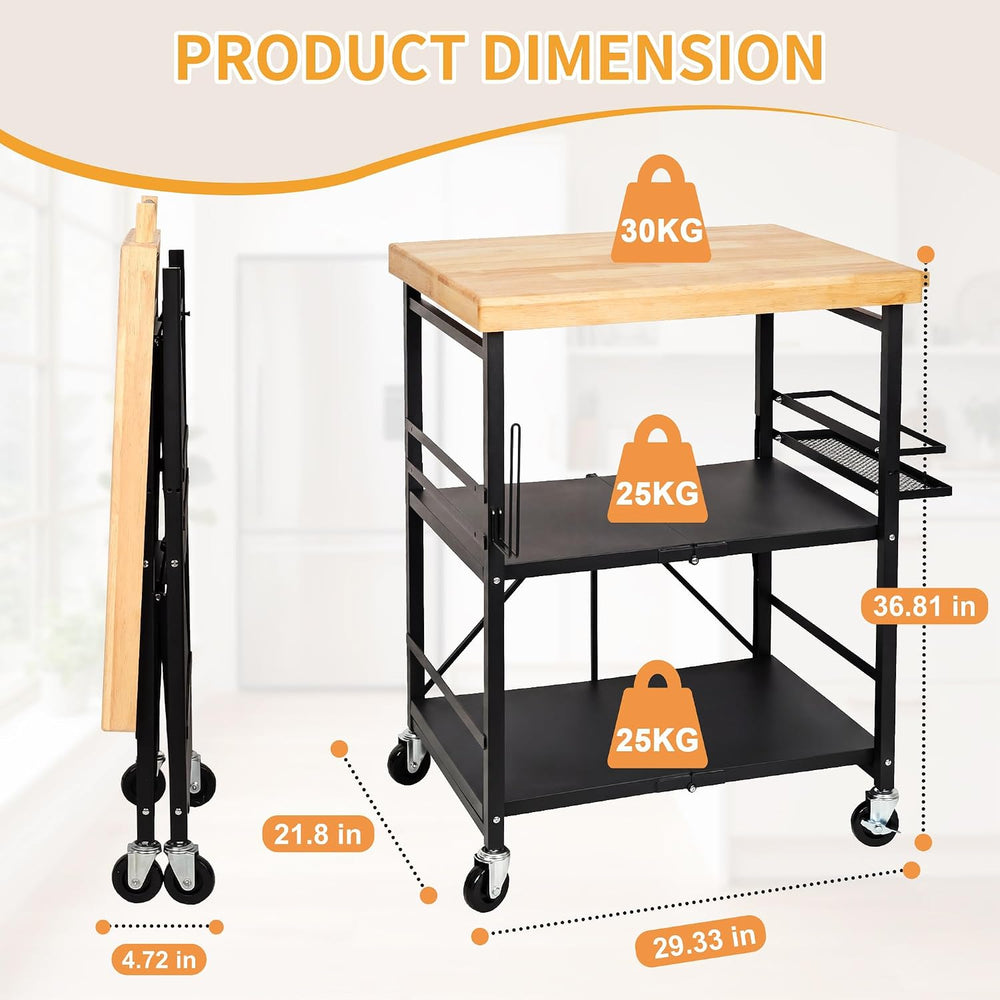 PLKOW Foldable Kitchen Cart with Solild Oak Wood Top, Rolling Kitchen Island ...