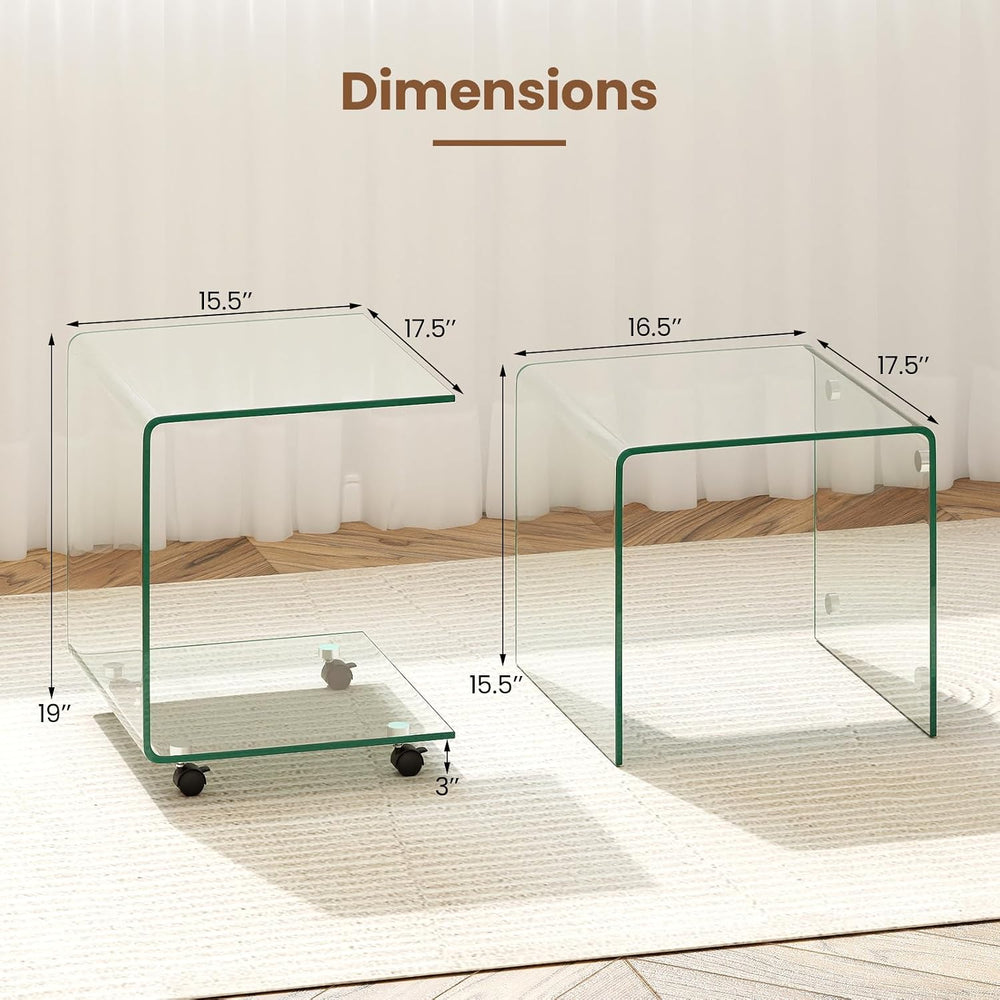 BECOMFORT Tempered Glass C-Shape End Table, Rolling Side Table with 4 Lockabl...