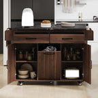 Kitchen Island with Trash Can Storage, Rolling Kitchen Cart on Wheels with Drop Leaf, Drawers, Adjustable Shelf and Tilt Out Trash Can Cabinet for 15 Gallon Garbage Bin, Brown
