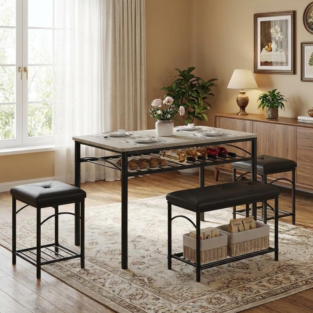IDEALHOUSE Dining Table Set for 4 with Upholstered Benches and 2 Stools, Small Kitchen Table Chairs Set of 4 for Apartment, Studio, Home and Small Space