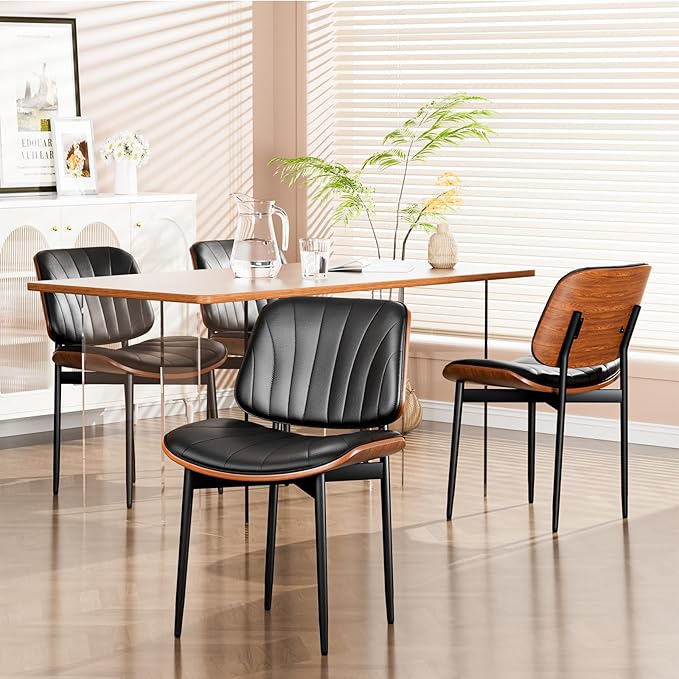 Dining Chairs Set of 2, Dining Room and Kitchen Chairs, FSC Certified Mid Century Modern Accent Chair, Upholstered PU Leather Chairs for Vanity with Walnut Bentwood and Metal Legs, Black
