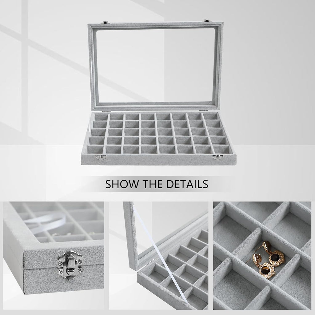 Wudygirl Jewelry Organizer Velvet Jewelry Box 40 Grid Earring Holder Organizer with Lid Ring Holder Ring Display Case Adjustable (Gray)