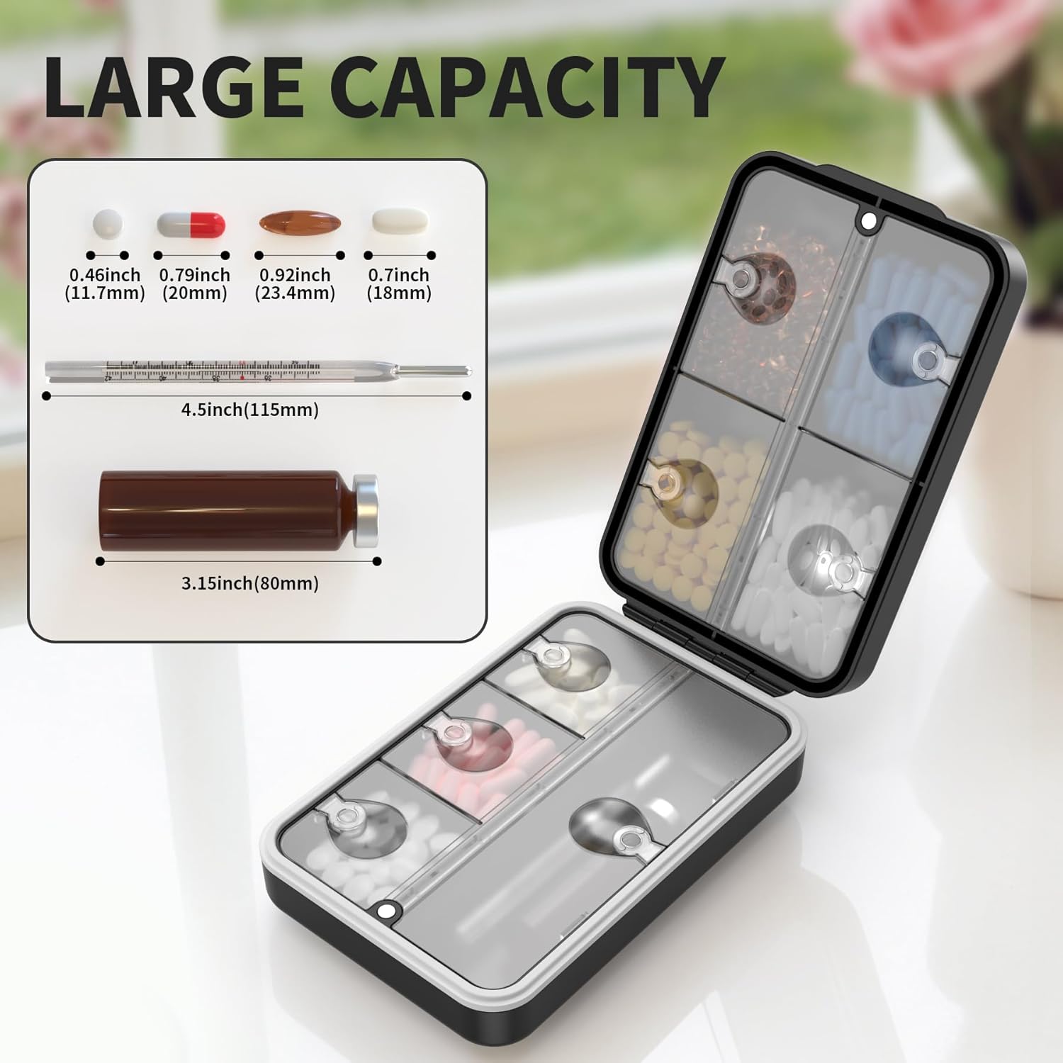 Restree Weekly Pill Organizer, Magnetic Moisture Proof Pill Case, Large Capacity Travel Pill Box with Inner Clear Lid for Vitamins, Supplements, and Daily Medications 8 Compartment (Black)