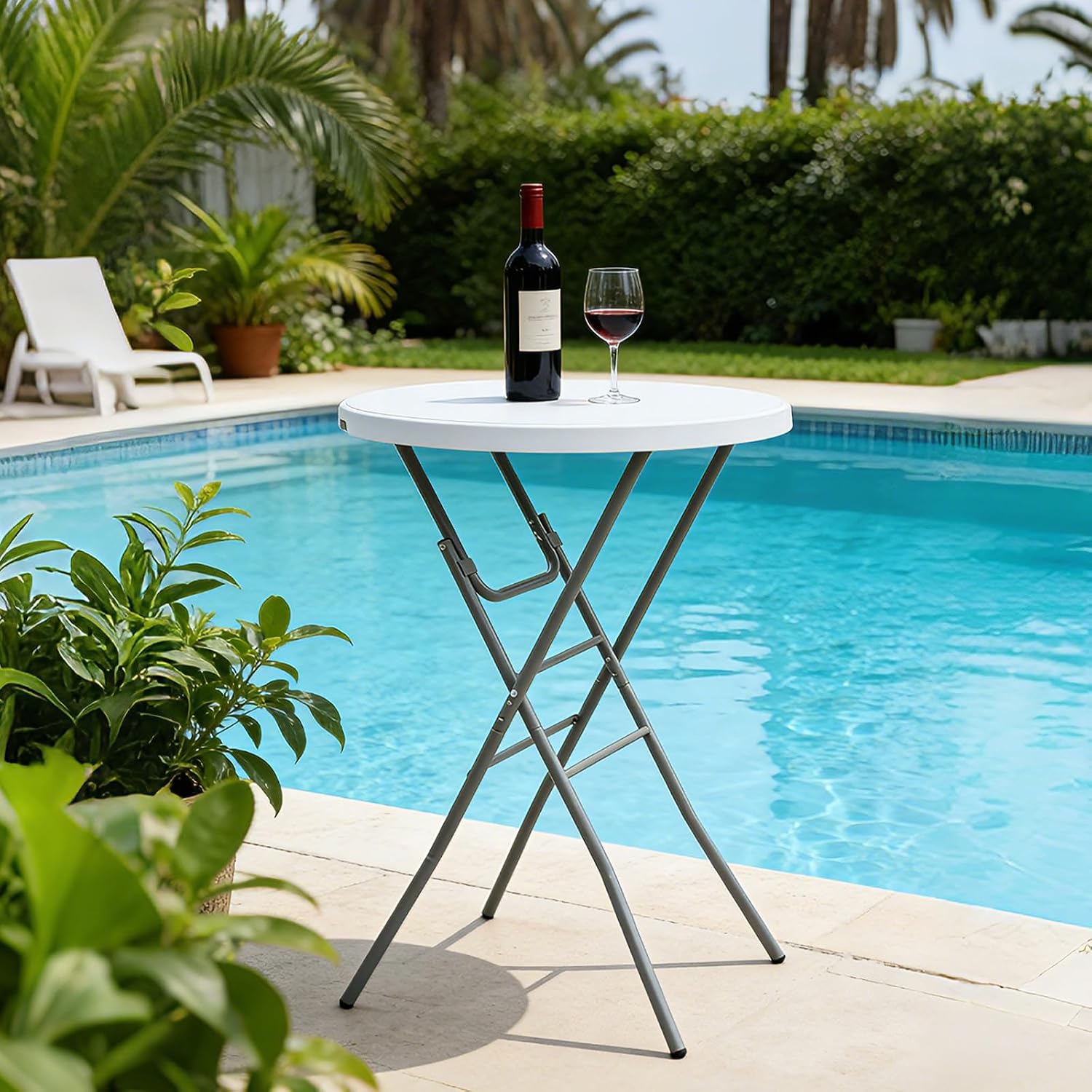 28” Round Folding Bar Table, High Top Cocktail Table with Locking Mechanism, HDPE Waterproof Stain-Resistant Top, Indoor Outdoor Patio Garden Party, White, 1 PCS