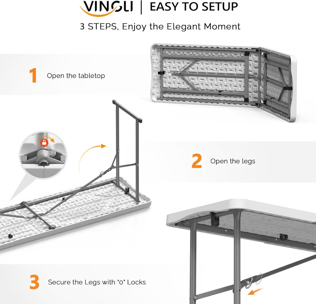 VINGLI 6 FT Narrow Folding Table, Tabletop Folded in Half, Premium Quality HDPE Material and Sturdy Metal Frame, Perfect for Buffet, Seminar, Party, Training, Home Work, White