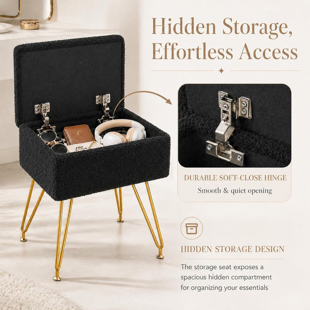 Alessing Vanity Stool Chair Ottoman with Storage, Sherpa Vanity Chair for Mak...