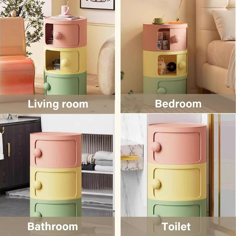 3 Tier Round Nightstand with Drawers, Plastic Pink Nightstand Modern Round Be...