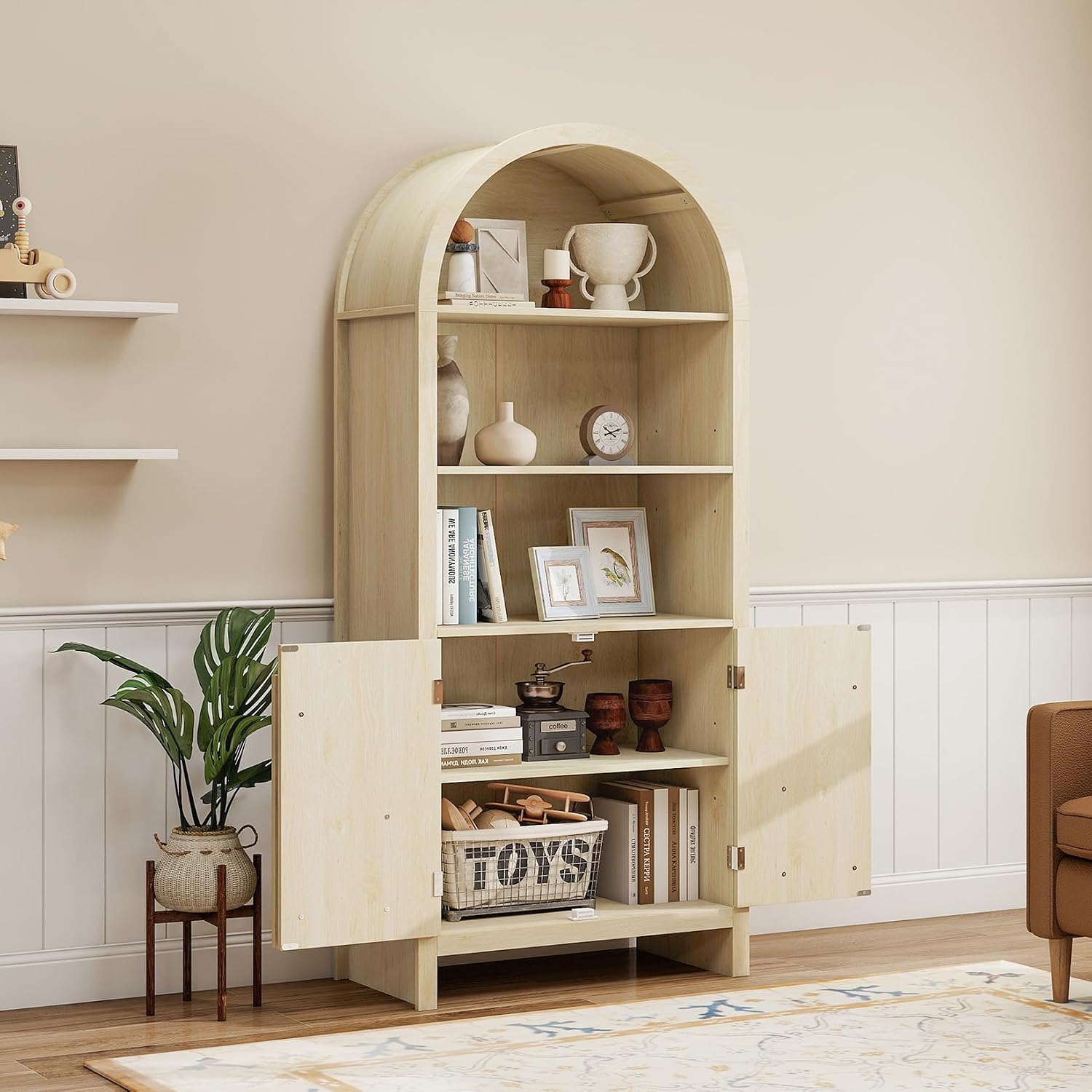 Arched Kitchen Pantry Storage Cabinet w/Adjustable Shelves, 2 Doors, 70.2" Tall Freestanding Cupboard for Kitchen/Dining Room/Living Room, Natural B