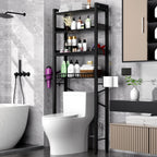 Over The Toilet Storage Cabinet,4 Tier Bathroom Organizer and Storage With Adjustable Shelf Waterproof Feet Pad and Basket Multifunctional Space Saver Freestanding Bathroom Shelves With Dividers Black
