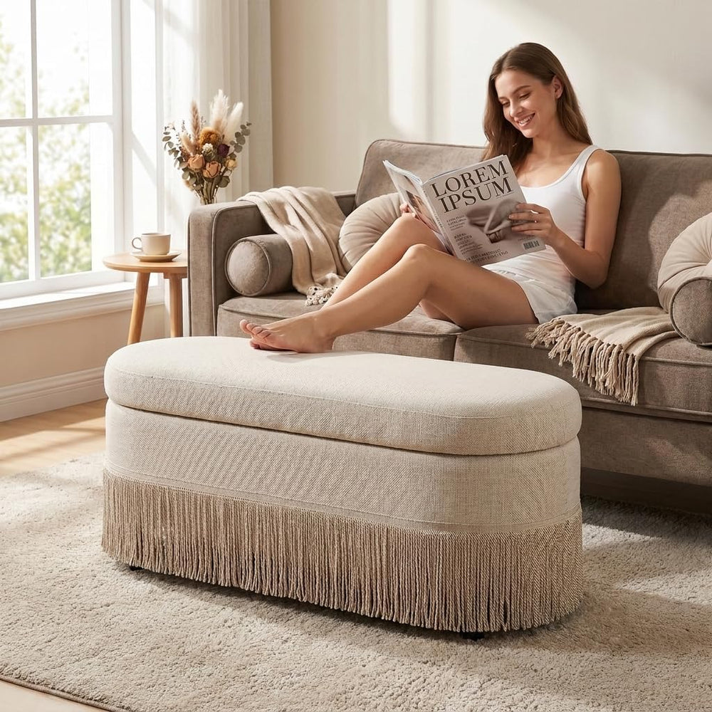 39.4“ Boho Storage Ottoman Bench with Tassels,Upholstered End of Bed Bench | ...