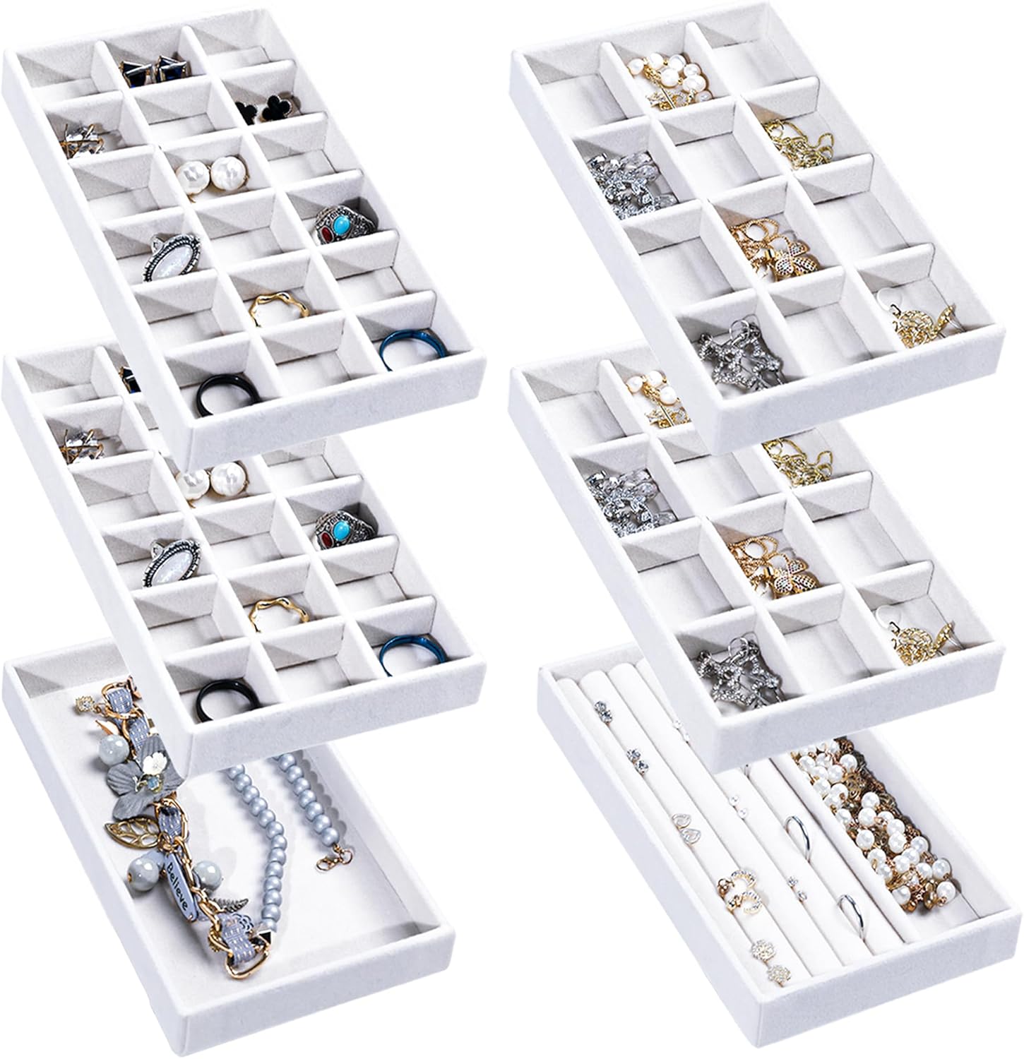 Frebeauty Jewelry Organizer Tray,Stackable Velvet Jewelry Trays,Drawer Inserts Earring Organizer For Women Jewelry Storage Display Case for Rings Stud Necklaces,Set of 6(White)