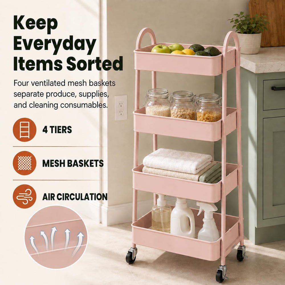Simple Deluxe 4-Tier Rolling Utility Cart, Metal, 12.32 x 17.91 x 40.35, Pink...