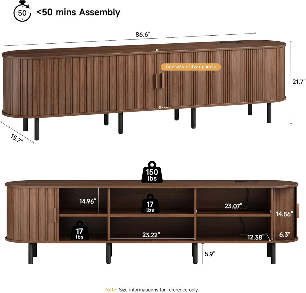 86.6" TV Stand with Power Outlet for TVs up to 90 Inch, Entertainment Center with Storage and Adjustable Shelves, Modern Media Console with Sliding Doors for Living Room, Walnut