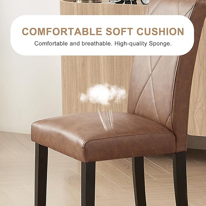 VECELO Upholstered Dining Chairs Set of 6, Modern PU Leather and Solid Wood Legs & High Back for Kitchen/Living Room- Brown