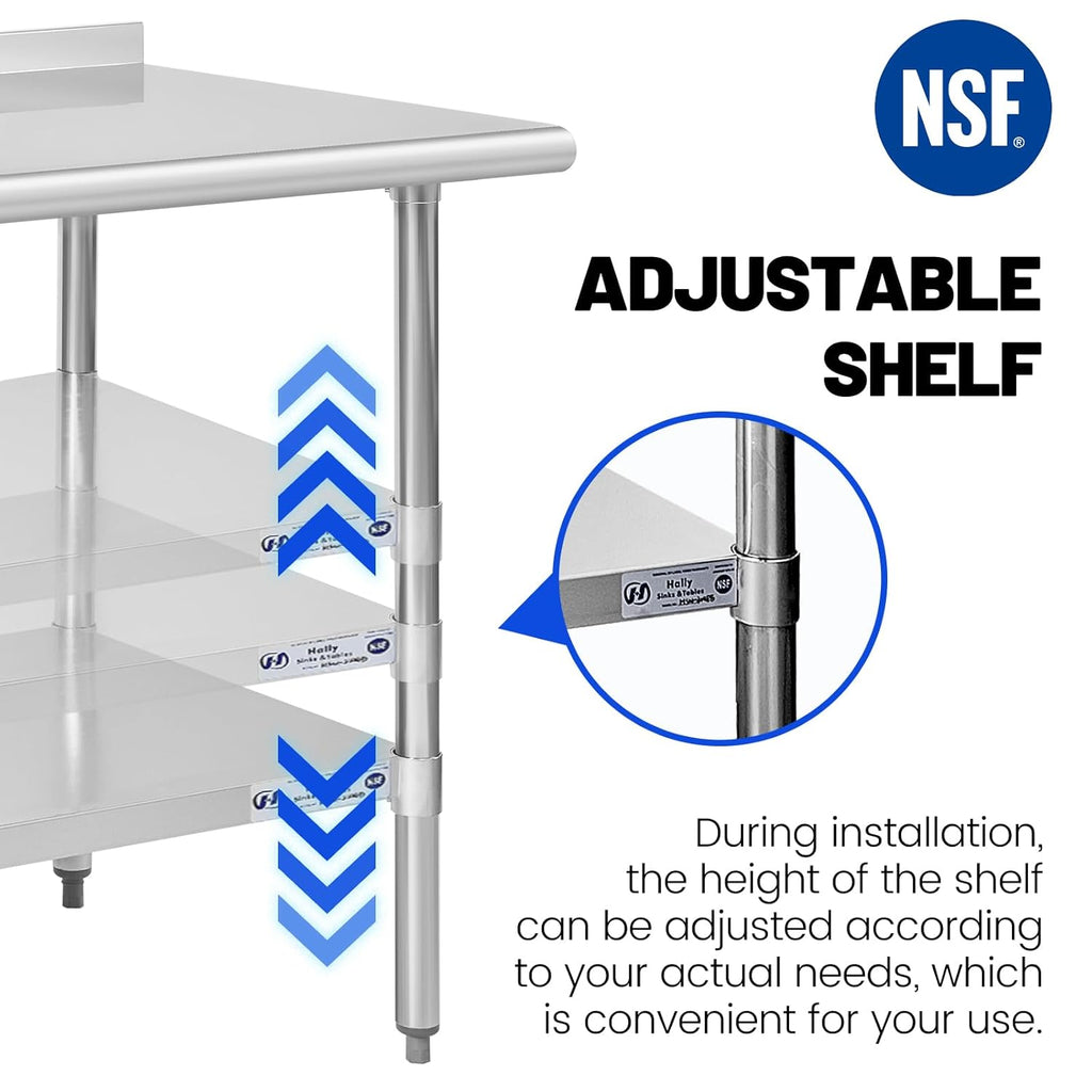 Hally Stainless Steel Table for Prep & Work 18" x 30" with Backsplash NSF | Commercial Metal Heavy Duty Workbench, Adjustment Undershelf, for Kitchen, Restaurant, Home, Hotel, Garage, Pizza Oven