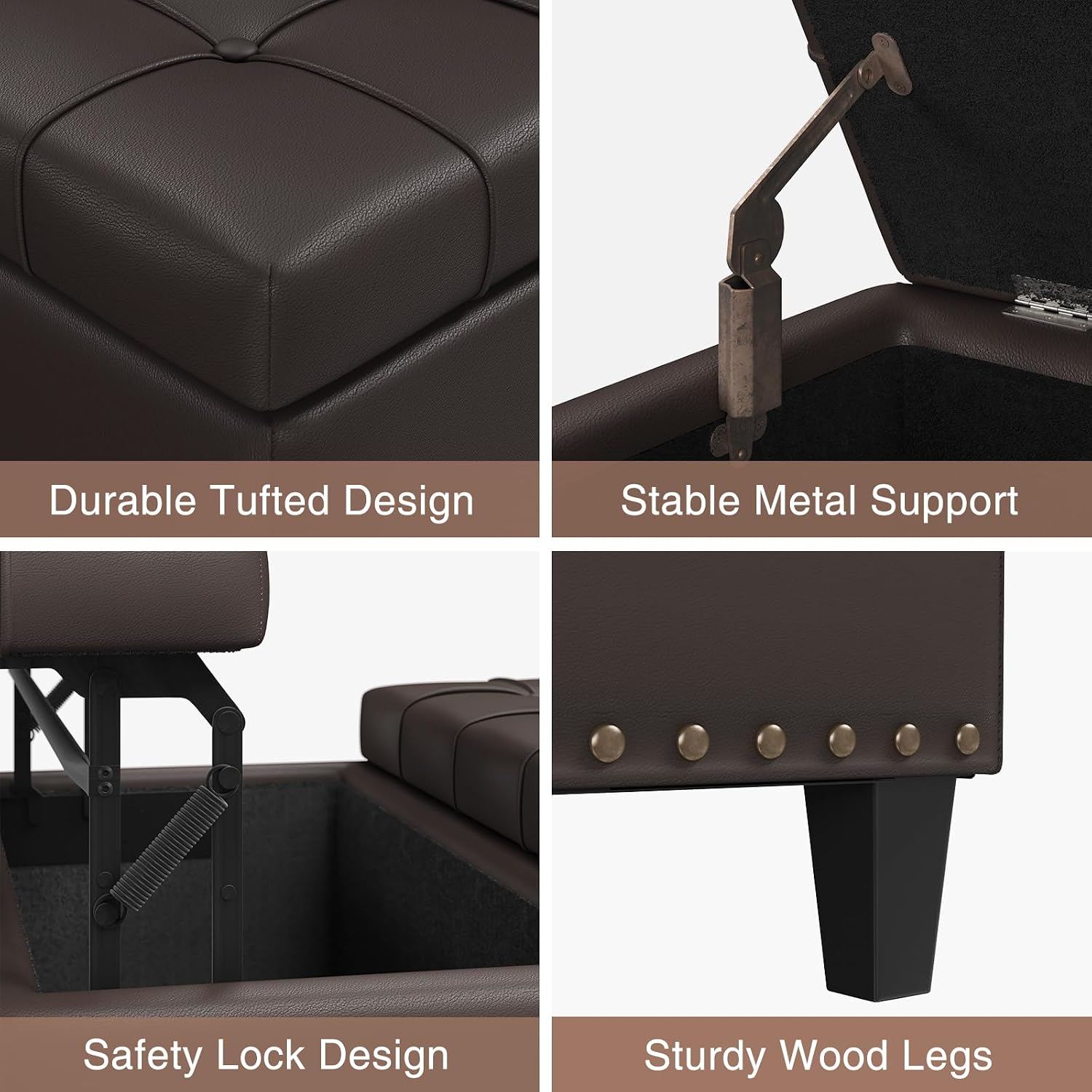FiveWillowise 31.5 Inch Large Square Ottoman with Storage,Faux Leather | Coffee Table Storage Ottoman Bench with Lift Top Upholstered Footrest Stool Toy Box for Bedroom Living Room,Chocolate