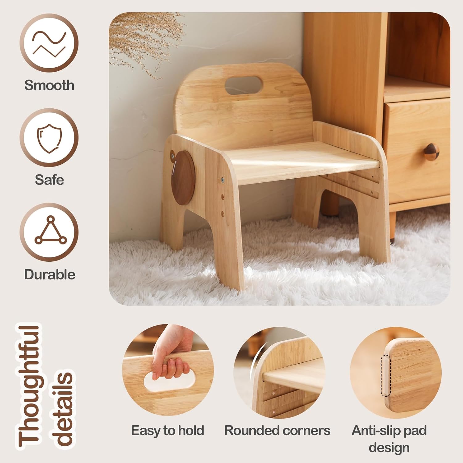 ibwaae Natural Solid Wooden Kids Chair Height-Adjustable Wooden Chair for Toddlers Montessori Furniture Birthday Gift for Children