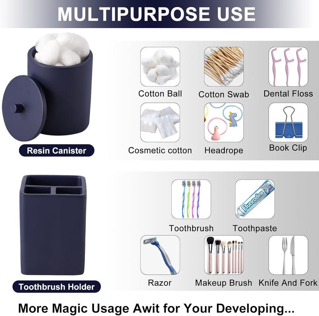 Resin 6 Pcs Navy Blue Bathroom Set Complete with Toothbrush Holder, Lotion Soap Dispenser, 2 Qtip Holder Dispensers,Vanity Tray,Bathroom Tumbler - Countertop Vanity Organizer - Bathroom Accessories