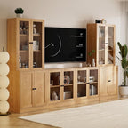 TUSY 71" TV Stand Storage Set - 2 Tall Bookcases & 2 Side Cabinets, Media Console with Glass & Wood Doors, Entertainment Center with Drawers, Tall Media Console for Living Room (Wood, ADDA)