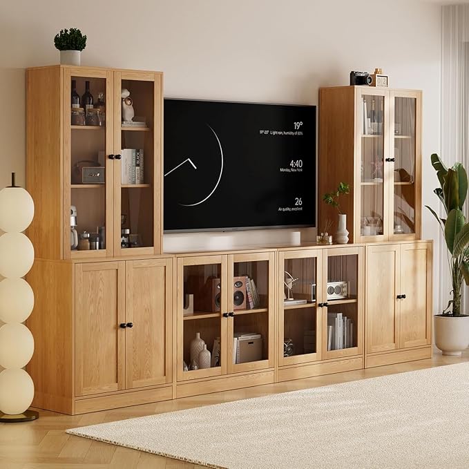 TUSY 71" TV Stand Storage Set - 2 Tall Bookcases & 2 Side Cabinets, Media Console with Glass & Wood Doors, Entertainment Center with Drawers, Tall Media Console for Living Room (Wood, ADDA)