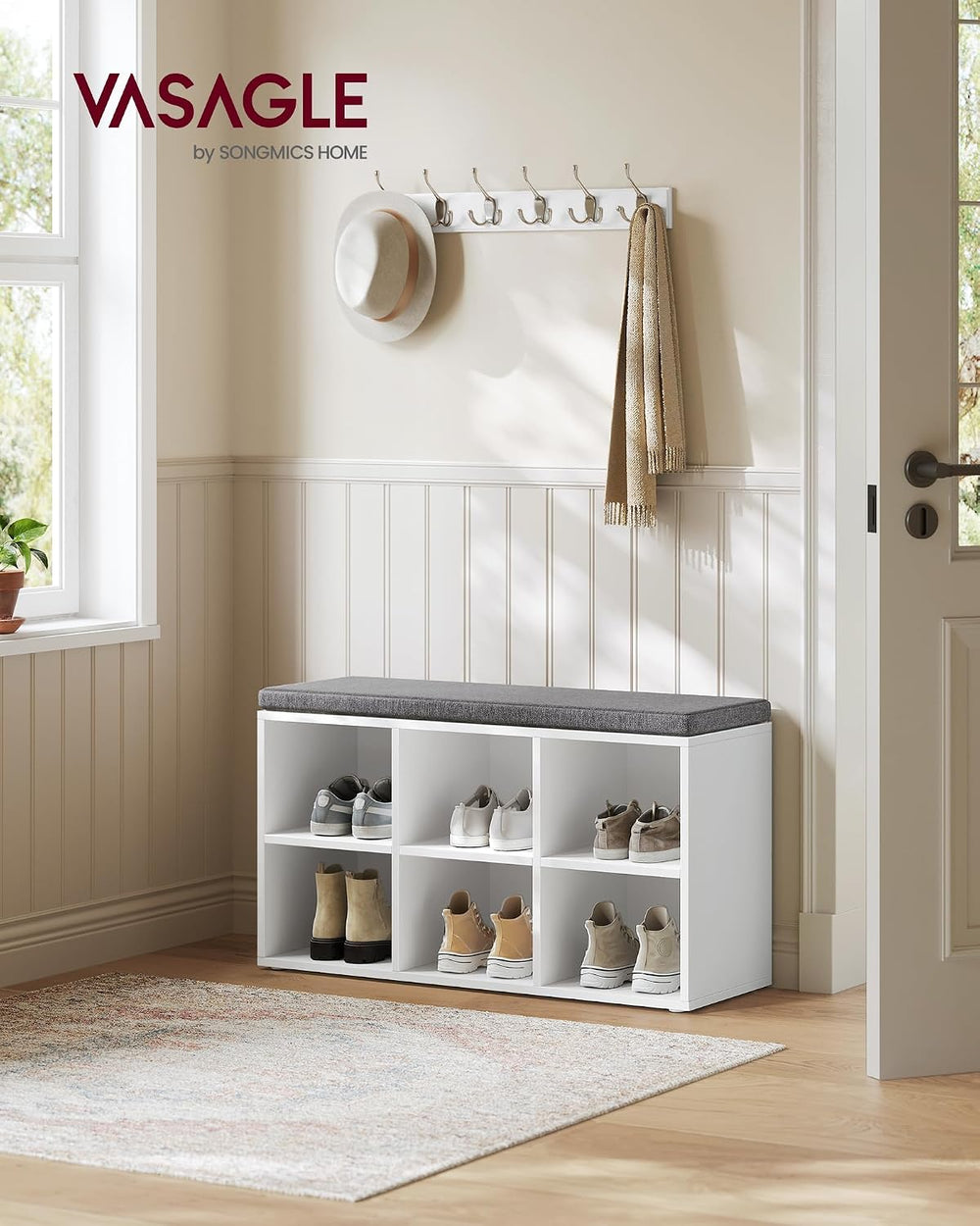 VASAGLE Shoe Bench with Cushion, Shoe Storage Bench with 6 Compartments and 3...