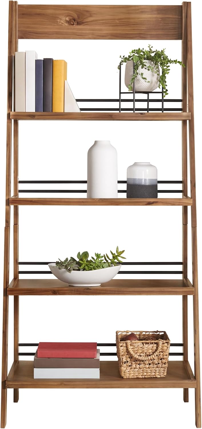 4-Tier Ladder Bookshelf - Freestanding Bookcase with X-Back Frame - Shelves for Living Room, Kitchen, Bedroom, and Office by Lavish Home (Walnut)