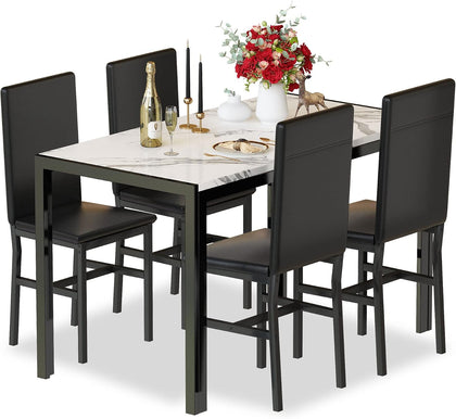 Hooseng 5-Piece Dining Table Set for 4 with Faux Marble Top & Velvet Chairs, Space Saving Modern Kitchen Table Set for Small Spaces, Apartments