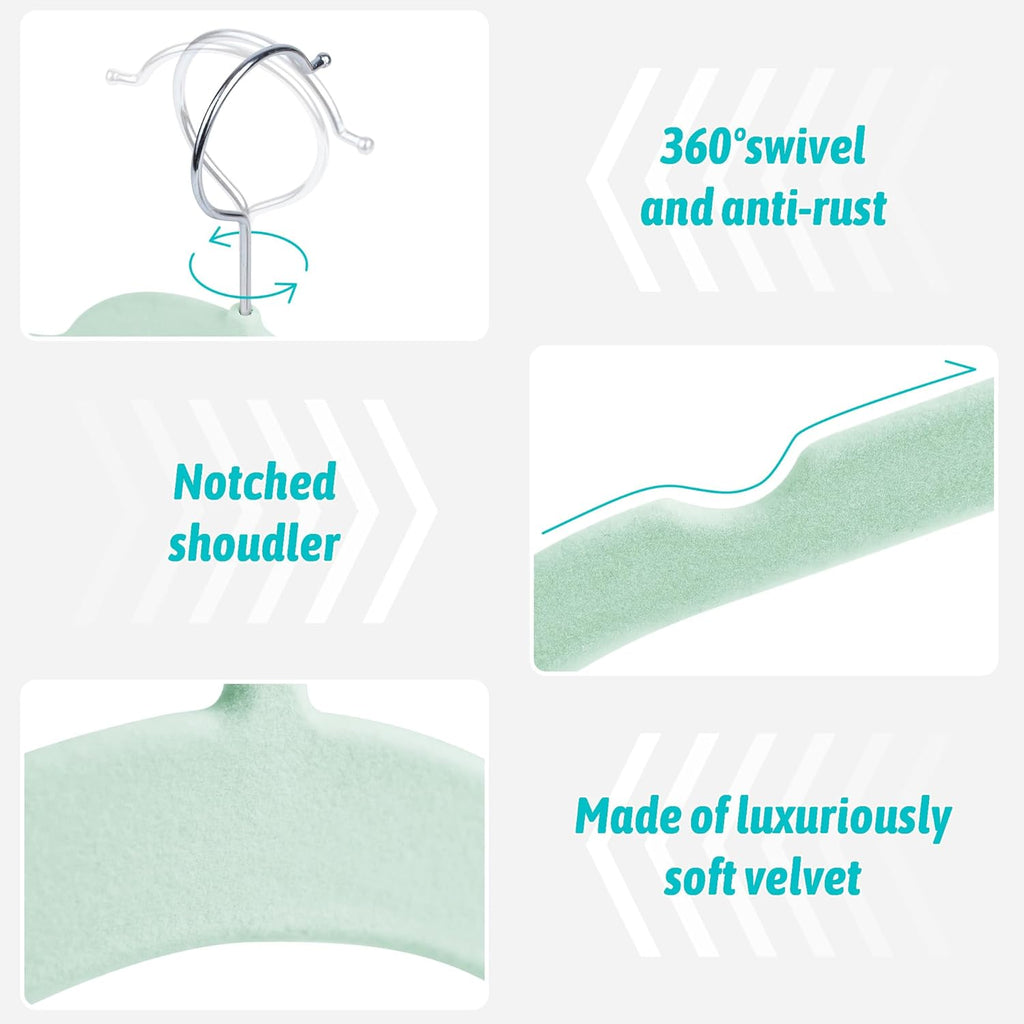 30 Pack Velvet Hangers – Non-Slip Slim Clothes Hangers with 360° Swivel Hook, Space-Saving Flocked Shirt Hangers for Coats, Dresses, Blouses, Suits(Green)