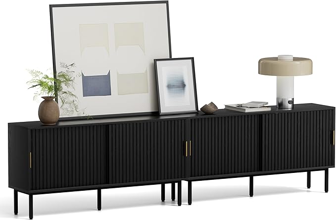 TV Stands Set of 2 for Living Room Farmhouse Entertainment Center with Fluted Sliding Doors TV Console Cabinet with Adjustable Shelf and Storagefor 65, 70, 75 Inch TV, Black