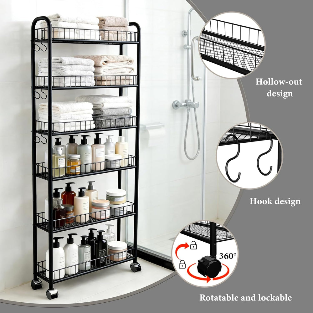 6in 6 Tier Slim Storage Cart with Wheels, Narrow Space Rolling Shelving Unit,...