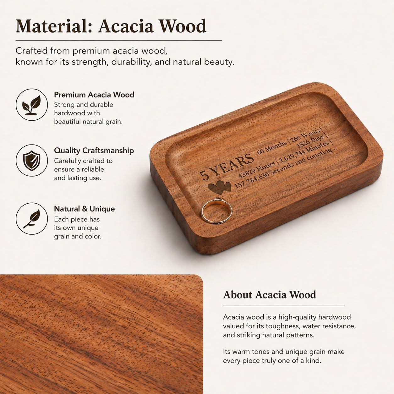 5th Anniversary Wedding Gifts for Wife, Husband – Handmade Acacia Wood Jewelry Tray, the Best Gift to Celebrate Five Years of Love.