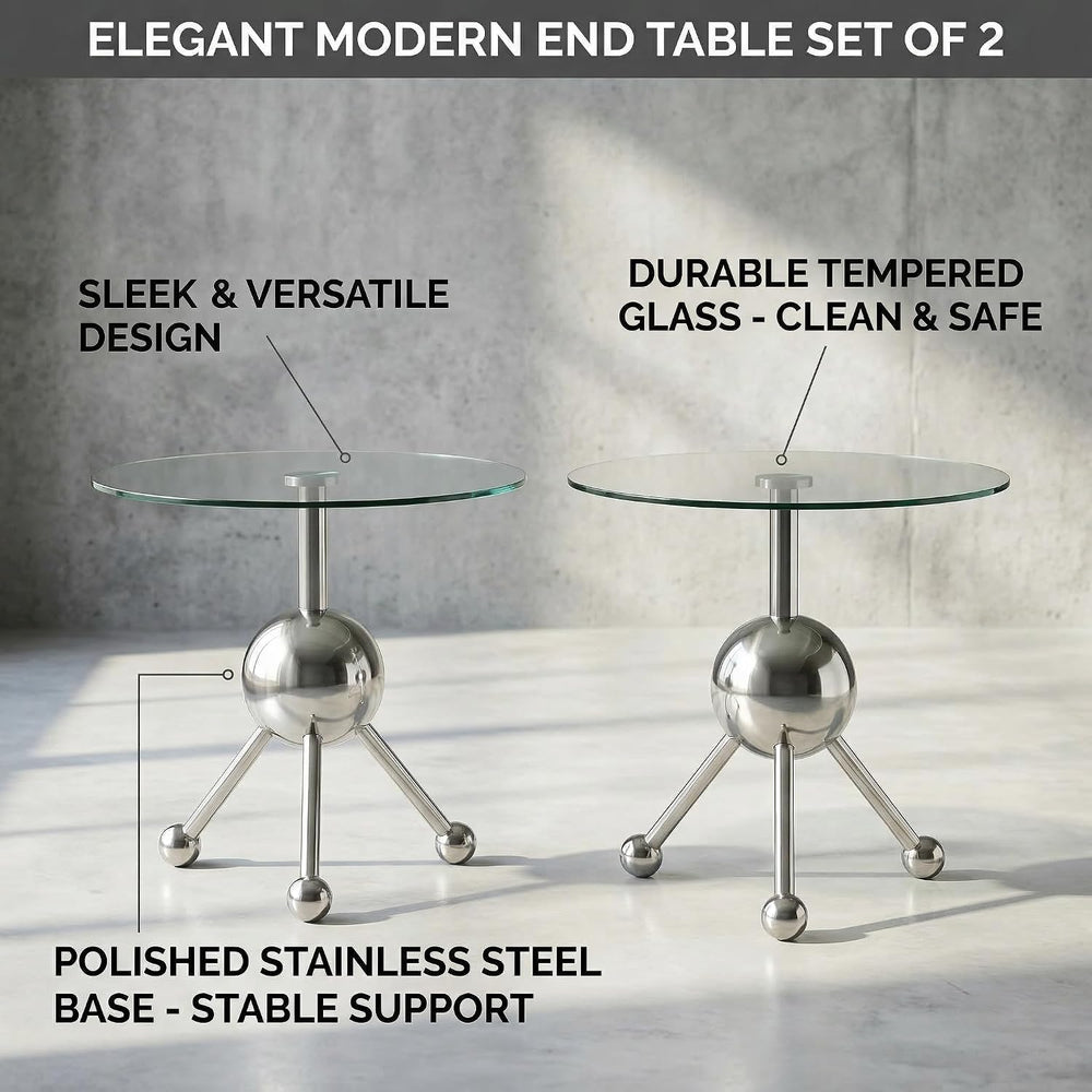 FT Global 19.7-Inch Round Glass End Table, Stainless Steel Sphere Tripod Base...