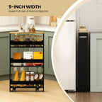 Small Kitchen Cart, 4-Tier Slim Rolling Island w/Handle, Laundry Room Storage Organizers Between Washer and Dryer, Narrow Spice Rack on Wheels Next to Fridge (Black, 5'')