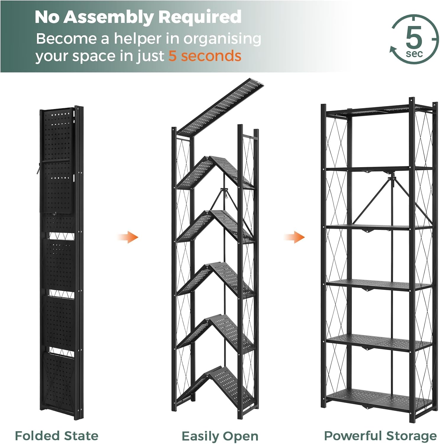 DEANIC 6-Shelf Folding Bookcase with Wheels, Heavy Duty Storage Shelves, Freestanding Metal Wire Shelving Unit for Living Room, Office, Kitchen, Basement, Pantry (Black)