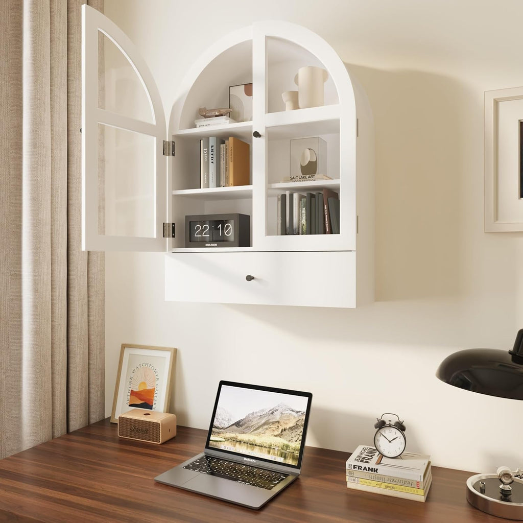 BLANKSPACE Bathroom Curved Wall Cabinet with Drawer, Over The Toilet Organizer for Bathroom White Storage Cabinet with Glass Door and Soft Closing