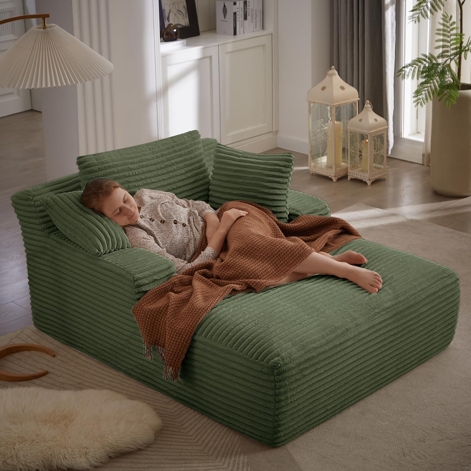 67 Inch Chaise Lounge Chair Indoor, Oversized Corduroy Upholstered Boneless Sofa Bed, Deep Seat Sleeper Couch Reading Chairs, Cloud Sofas Couches for Living Room, No Assembly Required (Olive Green)