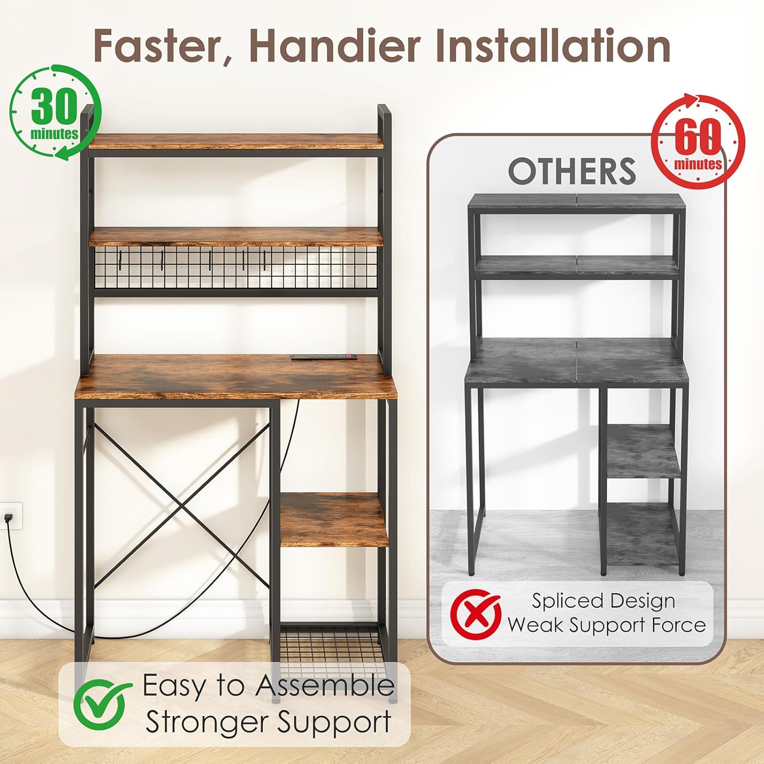 Multi-Functional Mini Fridge Stand, Mini Fridge and Microwave Storage Shelves with Power Outlet, Large Bakers Rack and Storage for Kitchen Appliances, Perfect for Dorm Kitchen Coffee Bar