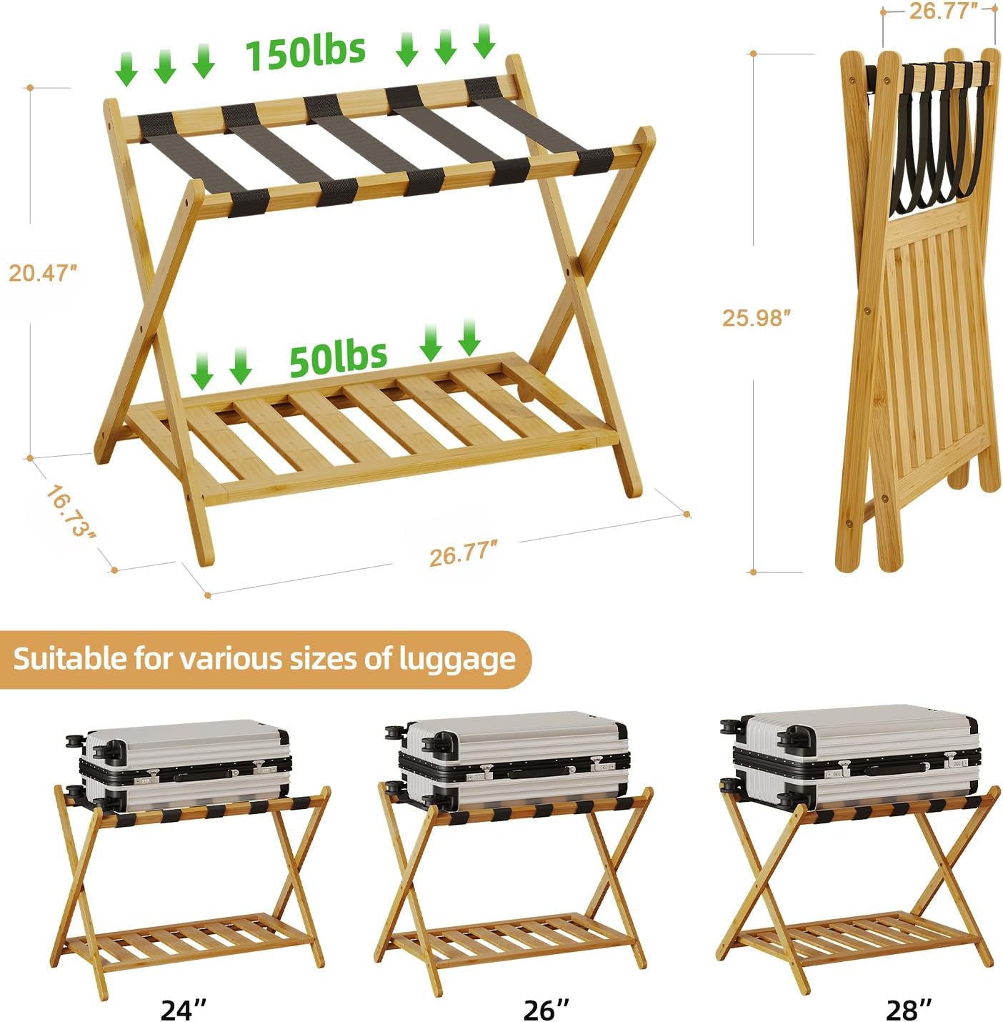 BAMBOOHOMIE Full Assembled Luggage Rack Set of 2, Bamboo Luggage Holder Rack for Guest Room, 26.77" L Folding Suitcase Stand with 5 Nylon Straps & Storage Shelf for Bedroom Hotel (2 Pack - Natural)