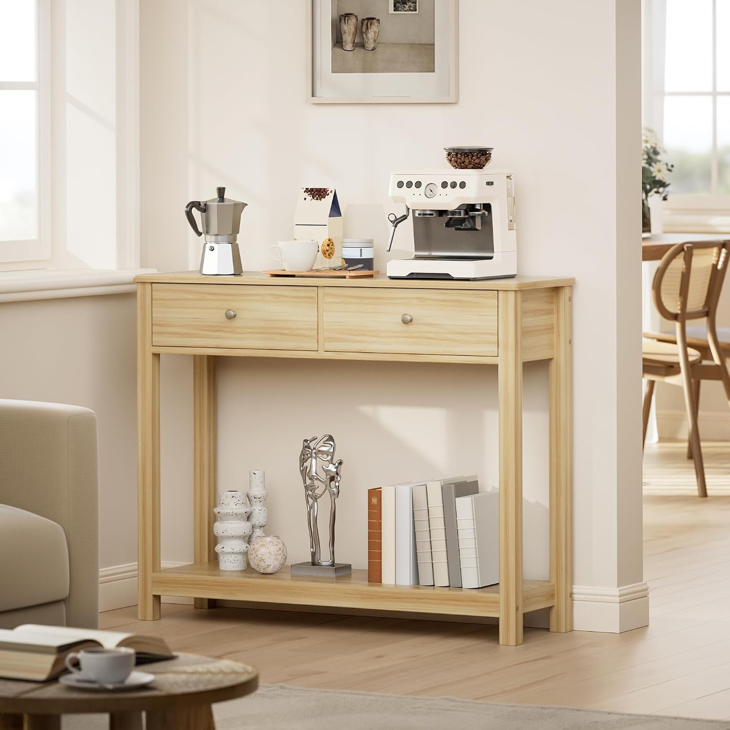 Gizoon 2 Drawer Console Table, Oak Color | 2-Tier Wood Entryway Table with Storage Shelves, 39" W Wood Accent Sofa Table for Front Hall, Hallway, Living Room