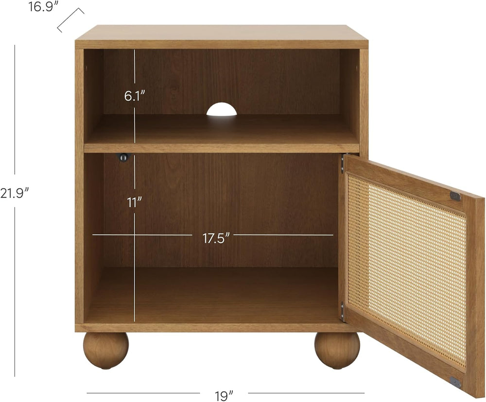Nathan James Franco Faux Rattan Side Table Nightstand with Storage, Rustic Be...