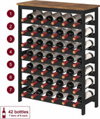 42 Bottles Bamboo Wine Rack Freestanding Floor, 7-Tier Wine Storage Shelf with Table Top, Wine Display Holder for Kitchen Pantry Bar Cellar, Rustic Brown and Black