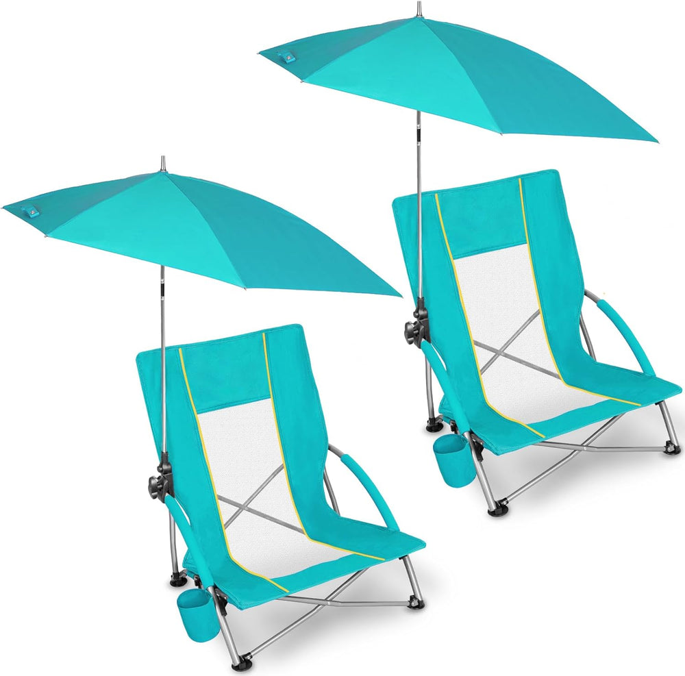 Romswi Beach Chair with Umbrella 2PK, Folding Low Beach Chairs for Adults wit...
