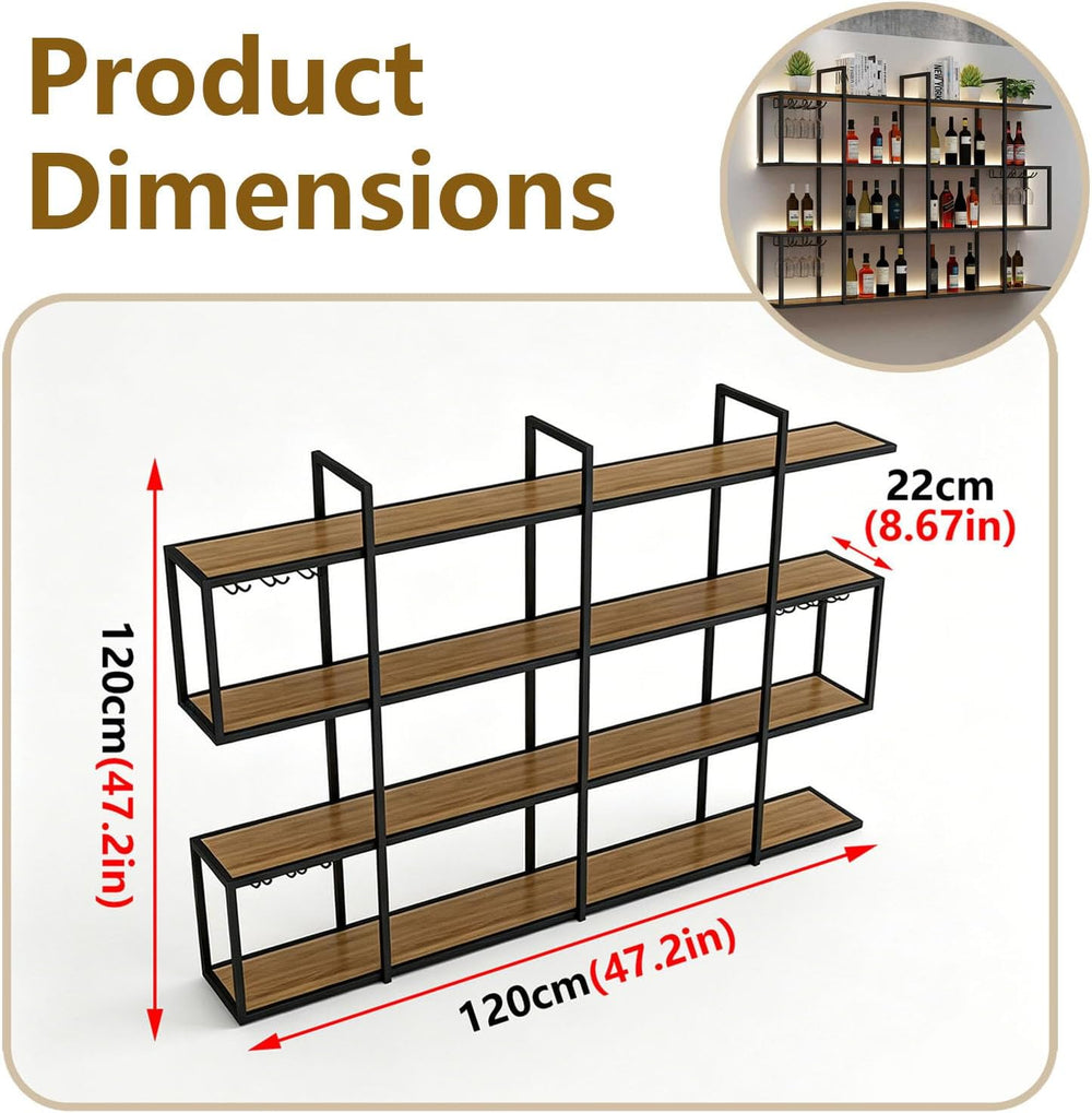 4-Tier Wall Mounted Wine Rack with LED Light, Glass Holder (120cm/47.3in) | 2...