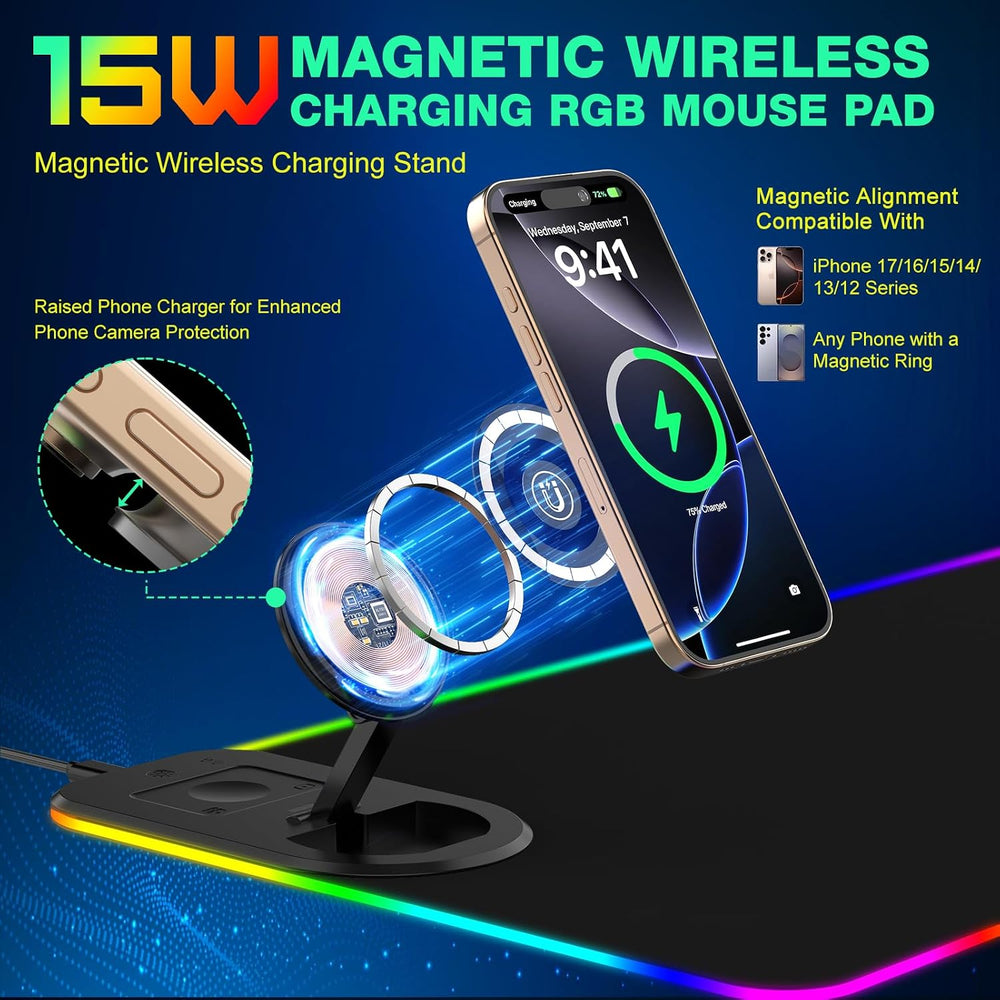 RGB Gaming Mouse Pad Wireless Charging Desk Mat with Foldable Phone Stand, La...