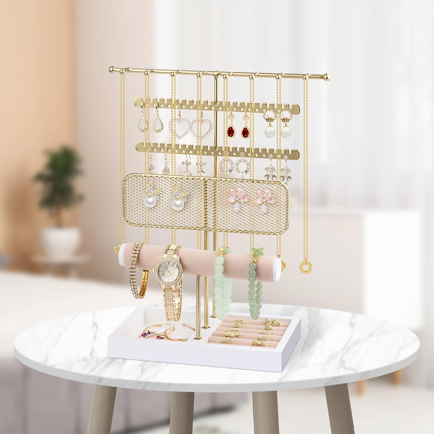 Hyber&Cara 3 Tier Jewelry Display Stand with Tray Jewelry Organizer Gold Jewelry Holder Stand for Bracelet Necklace Earrings Rings