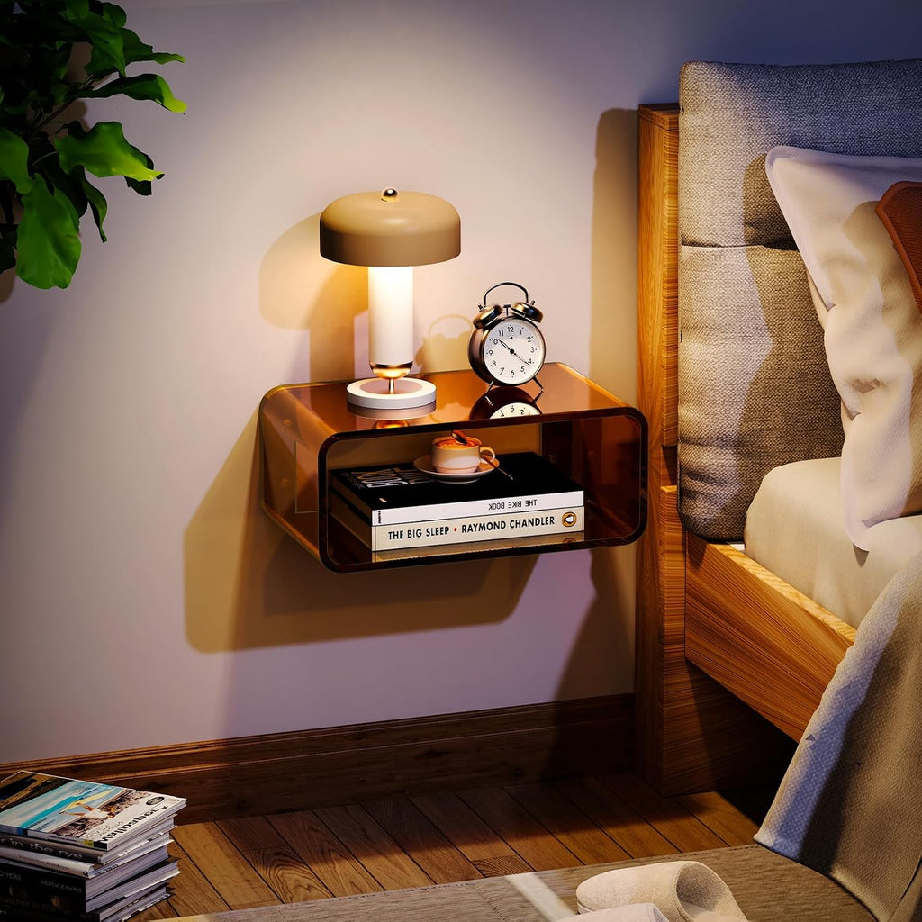 Acrylic Floating Nightstand, Bedside Table, Nightstand Shelf Wall Mounted Bedside Shelf (Dark Brown, Small)