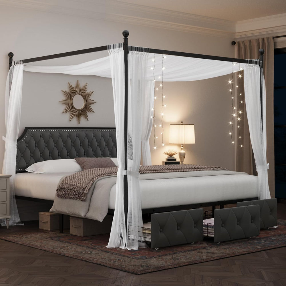Keyluv King Upholstered Canopy Bed Frame with 3 Storage Drawers & Button ...