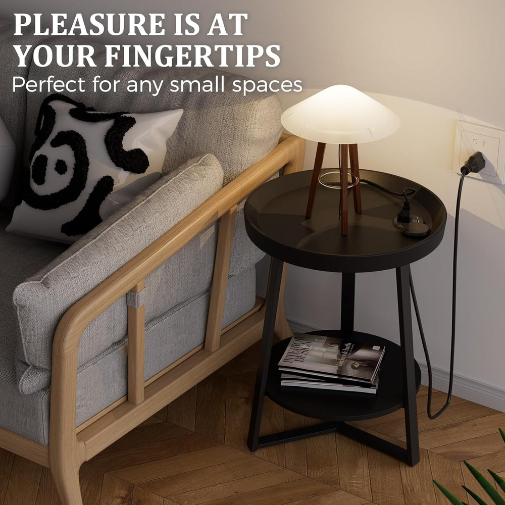 Gadroad Round End Table with Charging Station, Wood Tabletop & Black Meta...