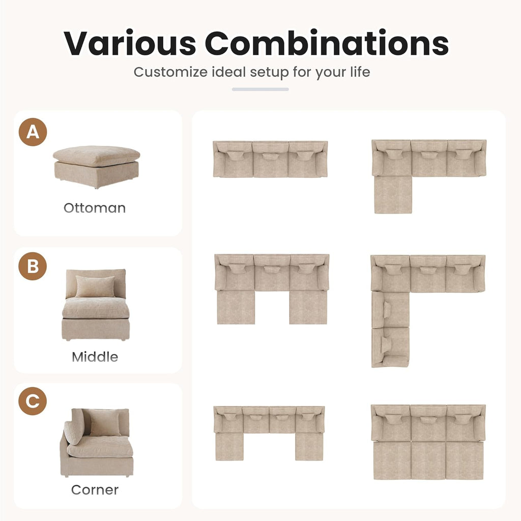 156" Cloud Modular Sectional Sofa Couch,U Shaped Couch with Ottoman,Down Filled 8 Seater Convertible Sleeper Bed Living Room Set,Covers Washable&Replaceable (Khkai)